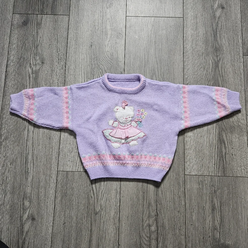 🔴 3/$8 Vintage Knit teddy Bear Embroidered Sweater- 18 months - Purple - Picture 7 of 8